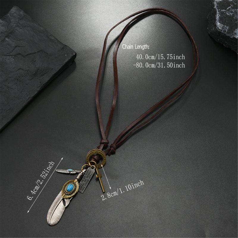 Vintage Inspired Alloy Feather Leather Necklace Adjustable Length Iron Clasp Leather Chain Necklace For Trendy Outfits