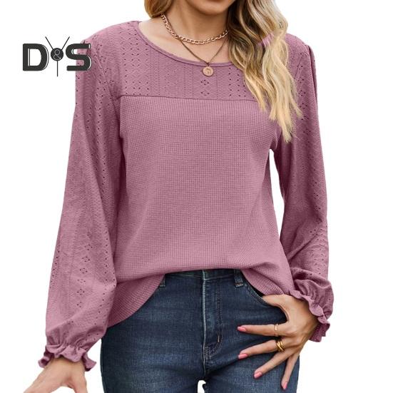 Women Tops Round Neck Puff Long Sleeve Solid Color Tee Shirt with Waffle Decoration Solid Color Loose Fit T-shirt