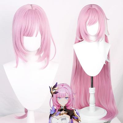 2 Style Elysia Cosplay Peruka Anime Impact 3 Elysia Długa Różowa z Grzywką Odporna na Ciepło Syntetyczne Włosy Peruki na Halloween + Czepek pod Perukę