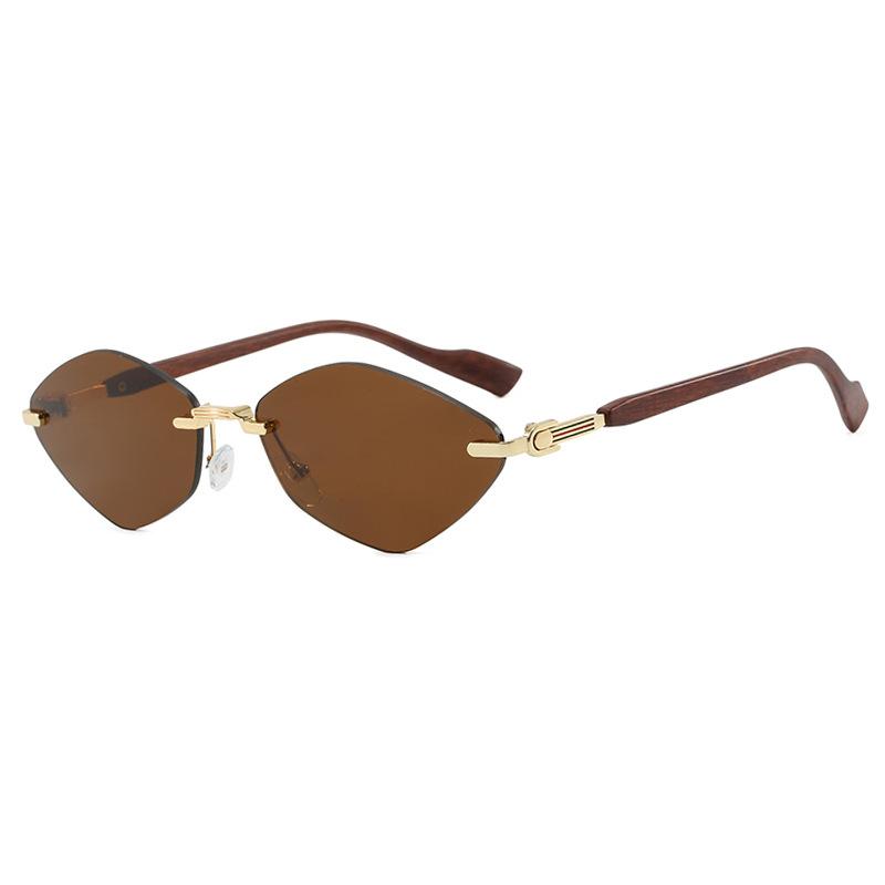 European and American rhombus frameless trimmed sunglasses metal sunglasses wood grain fashion sunscreen UV protection sunglasses women