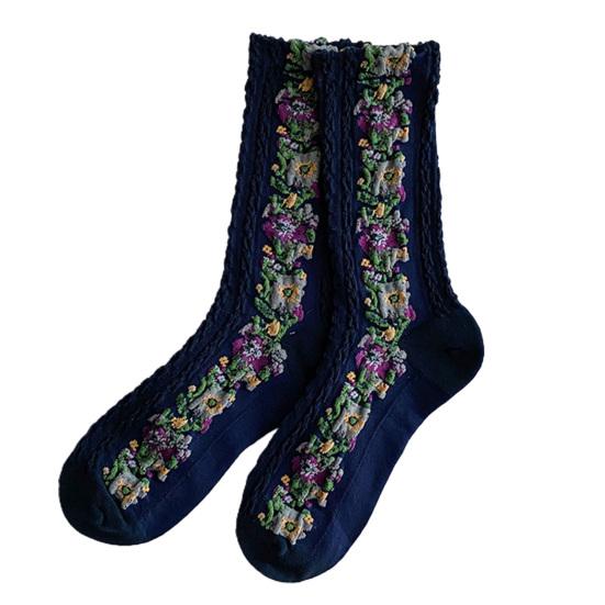 1 par middels lange, varme sokker til kvinner, med blomstermønster og etnisk trykk, crew socks for høst og vinter