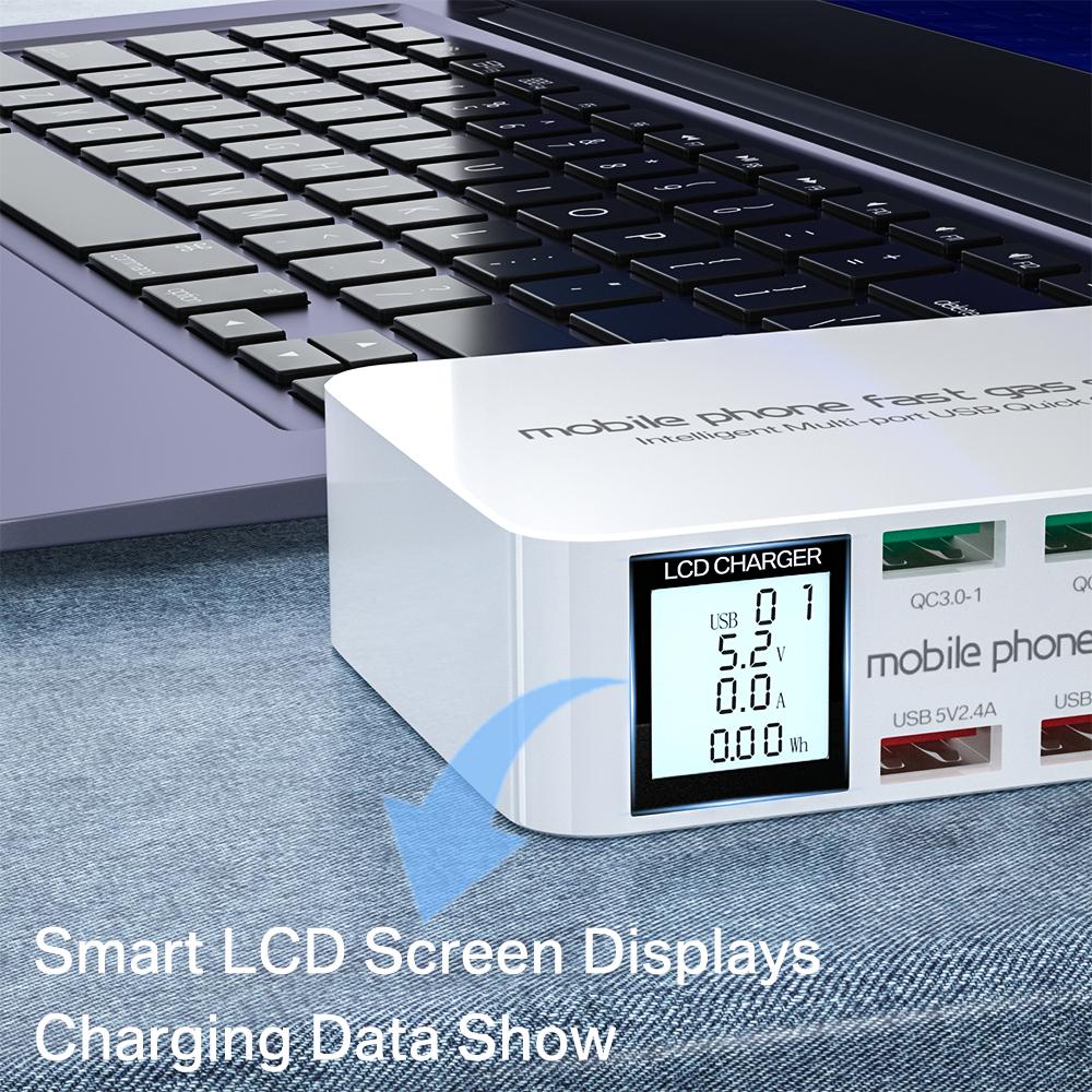 8 Ports USB Fast Charger Quick Charge QC3.0 PD3.0 Multi USB Charging Station LCD Digital Display Fast Charger for Iphone Android