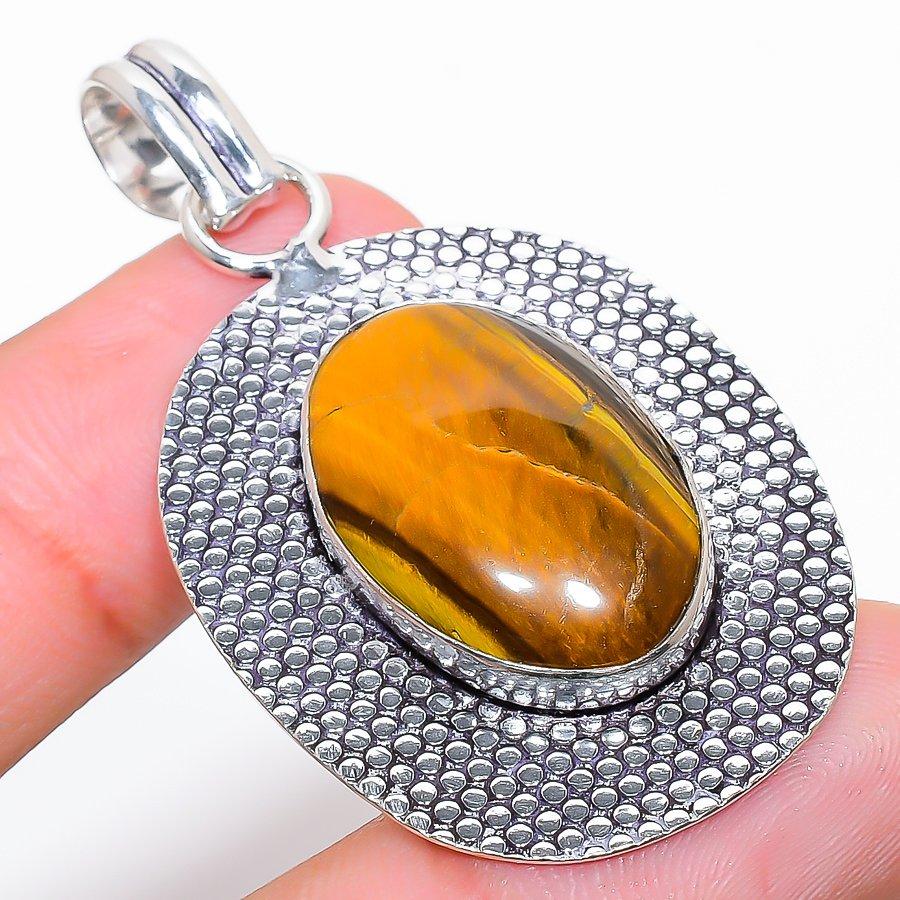 Tiger Eye Gemstone Handmade 925 Sterling Silver Jewelry Pendant 2.09"