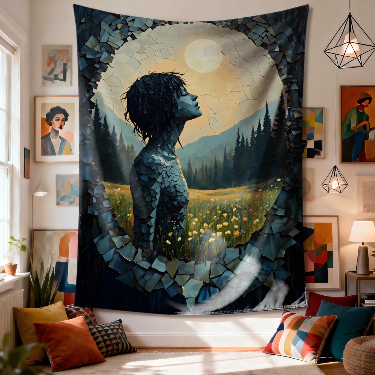 

Fragmented Figure Tapestry Mystical Landscape with Moonlit Field and Mountain View Artistic for Bedroom or Dorm Decor 74x94cm(29x37in)
