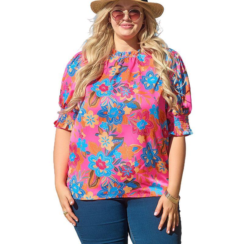 

Summer New Arrival Pullover round Neck Short Sleeve Shirt for Women 2024 Fashion Special-Interest Design Cuff Smocking Plus Size Tops Women Rose P620 Size XL fit (70.00 kg-75.00 kg