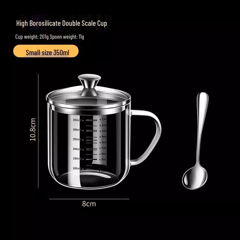 High Borosilicate Glass Cup, Heat-Resistant, Large Diameter, Double Scale, Steel Lid, Milk Cup.