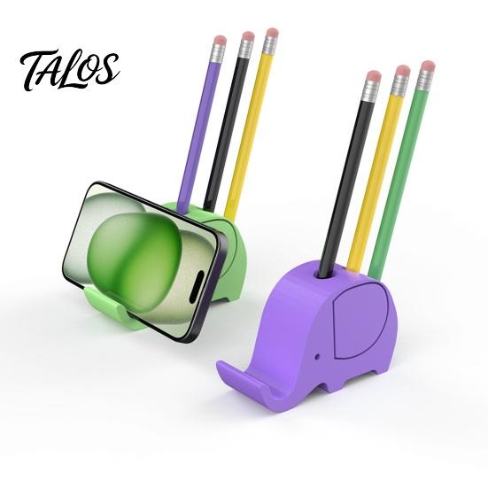Porta telefono a forma di elefante Talos stampato in 3D con portapenne, Supporto multifunzionale, Organizer da scrivania a mani libere, Forma carina creativa per casa e ufficio