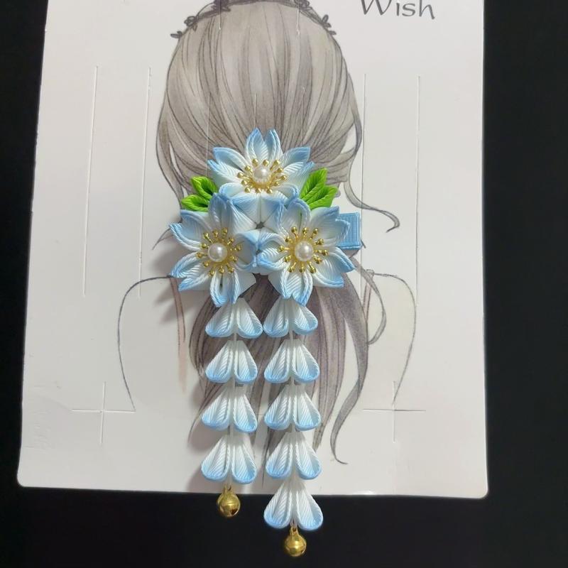 

Japanese Kimono Headwear Ancient Style Handmade Flower Hair Clip Cloth Sweet Tassel Flower Hairpin