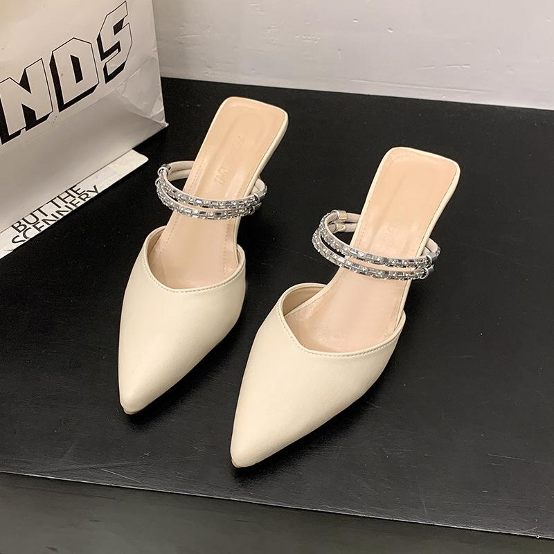 Baotou sandals women's middle heel two wearing slippers summer wear pointed thin heel rhinestone rear empty single shoes women's new models