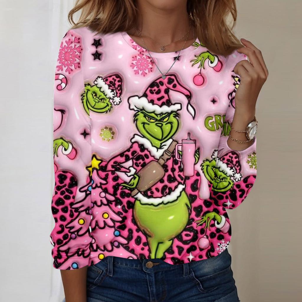 Damenmode, lässig, langärmelig, bedruckt, Rundhalsausschnitt, Pullover, Top, Bluse