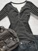 European & American Striped V-neck Long-sleeve Slimming T-shirt - Autumn/Winter Casual Korean Style