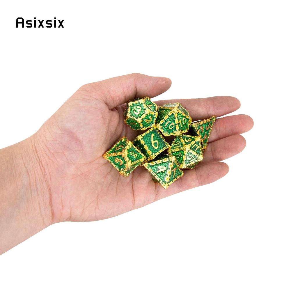 7 Stück grüne goldene Fischschuppen-Metallwürfel aus massivem Metall, polyedrisches Würfelset, geeignet für Rollenspiele, RPG-Brettspiele, Kartenspiele