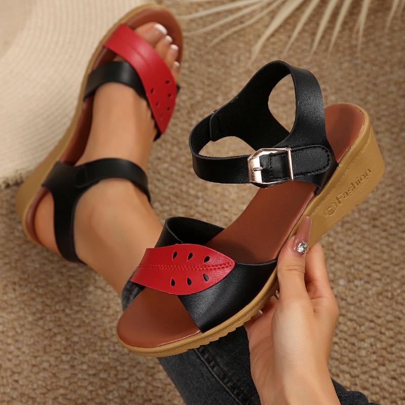 Sandales Boutonnées Grande Taille à Semelles Épaisses Talon Moyen Chaussures Ajourées Talons Compensés Feuille Tongs de Plage