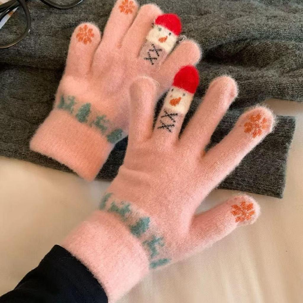 Winter Snowman Knitted Touchscreen Gloves: Warm, Thick, Full-Finger for Cold Weather