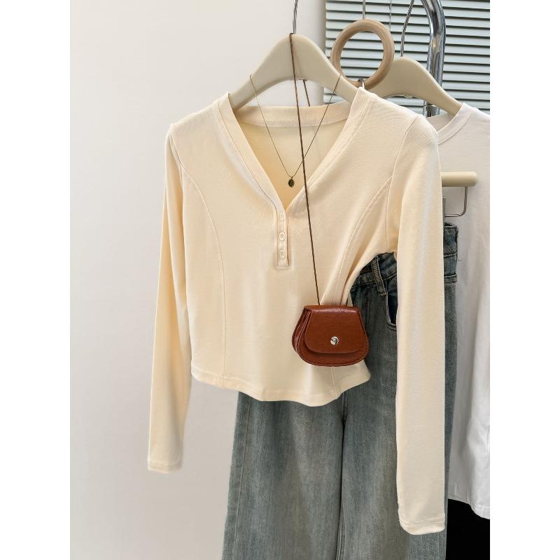 

Spice Girl Button Neck Solid Color Long Sleeve T-Shirt Women s Slim Bottom Shirt with Short Top XL абрикосовый