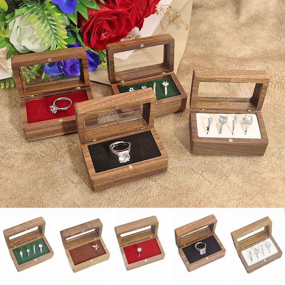 Magnetic Cover Square Rings Holder 4 Slots Jewelry Ring Holder Black Walnut Cufflinks Box  Wedding
