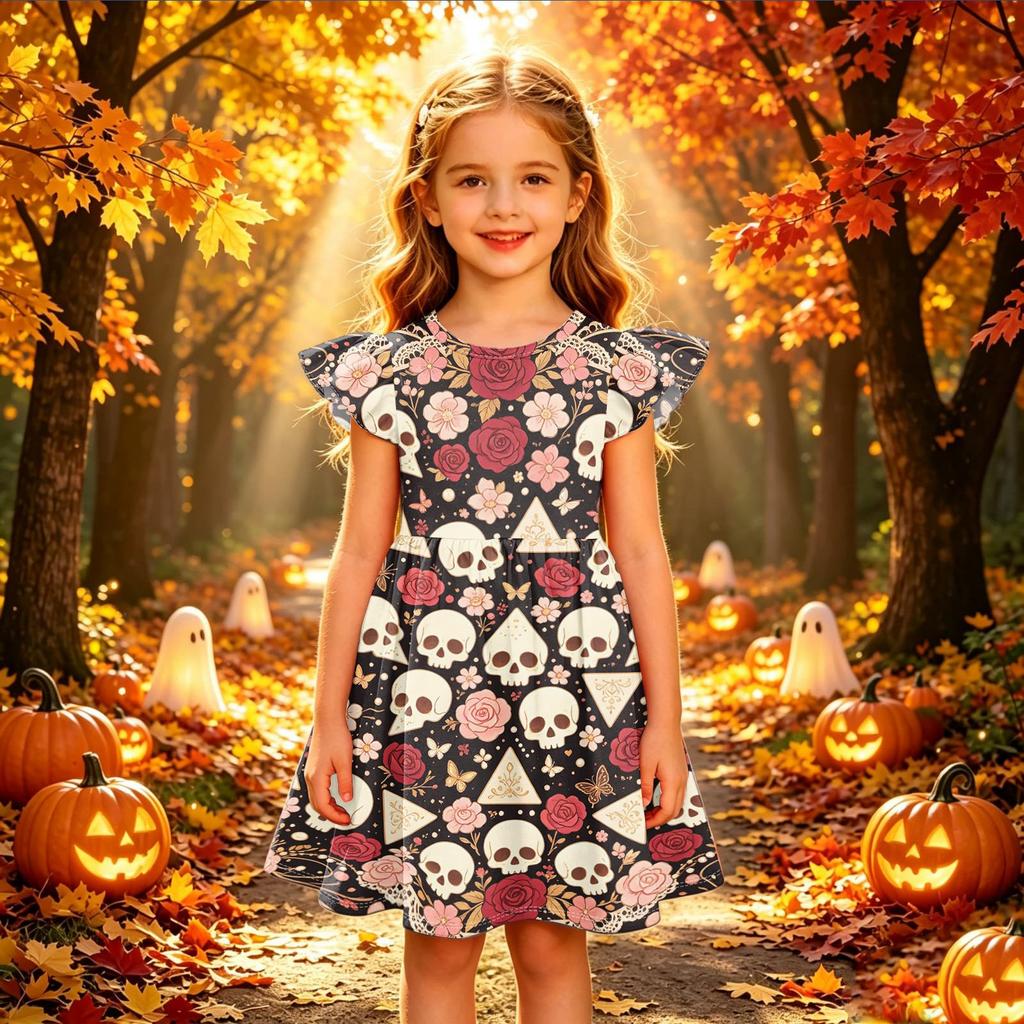 Girls Halloween Print Dress Casual Sleeve Party Dress for Children Holiday Outfit