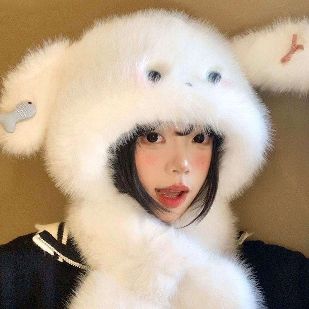 Cute Dog Hooded Scarf Cartoon Winter Warm Hat Fashion Plush Earmuffs Cap  Autumn and Winter