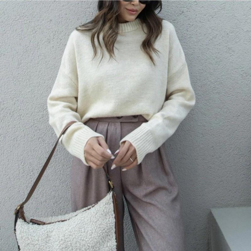 Womens Loose Fit Knit Sweater Long Sleeve Solid Color Crewneck Casual Pullover Fall