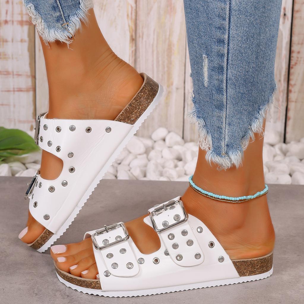 Damskie sandały z podwójnymi paskami i klamrą, wsuwane, z odkrytymi palcami, płaskie, antypoślizgowe klapki, codzienne letnie buty plażowe