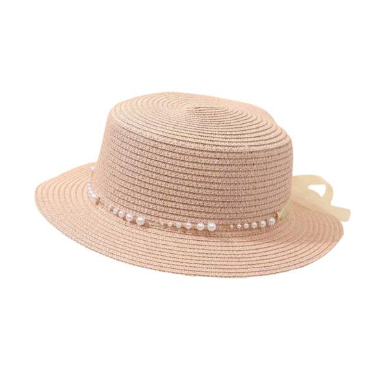 

Beach Hat Wide Brim Flat Top Imitation Pearls Trim Tulle Bow Decor Straw Hat Lightweight Breathable Sun Protection Hat L