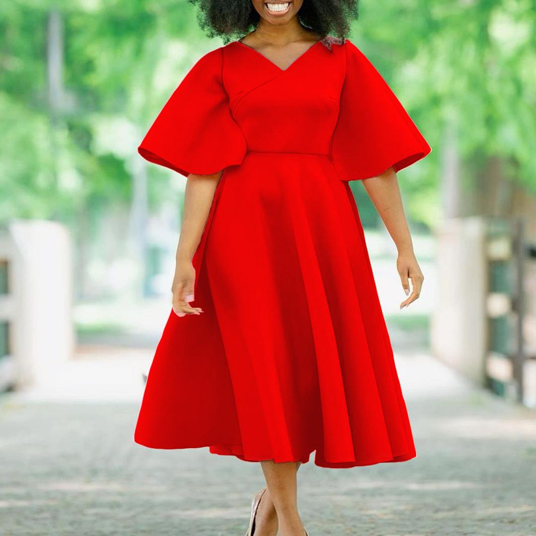 

Flare Sleeve High Waisted Pleated Elegant Dresses for Women V Neck A Line Mid Calf Luxury Birthday Party Dinner Vestidos Mujer XXXL червоний