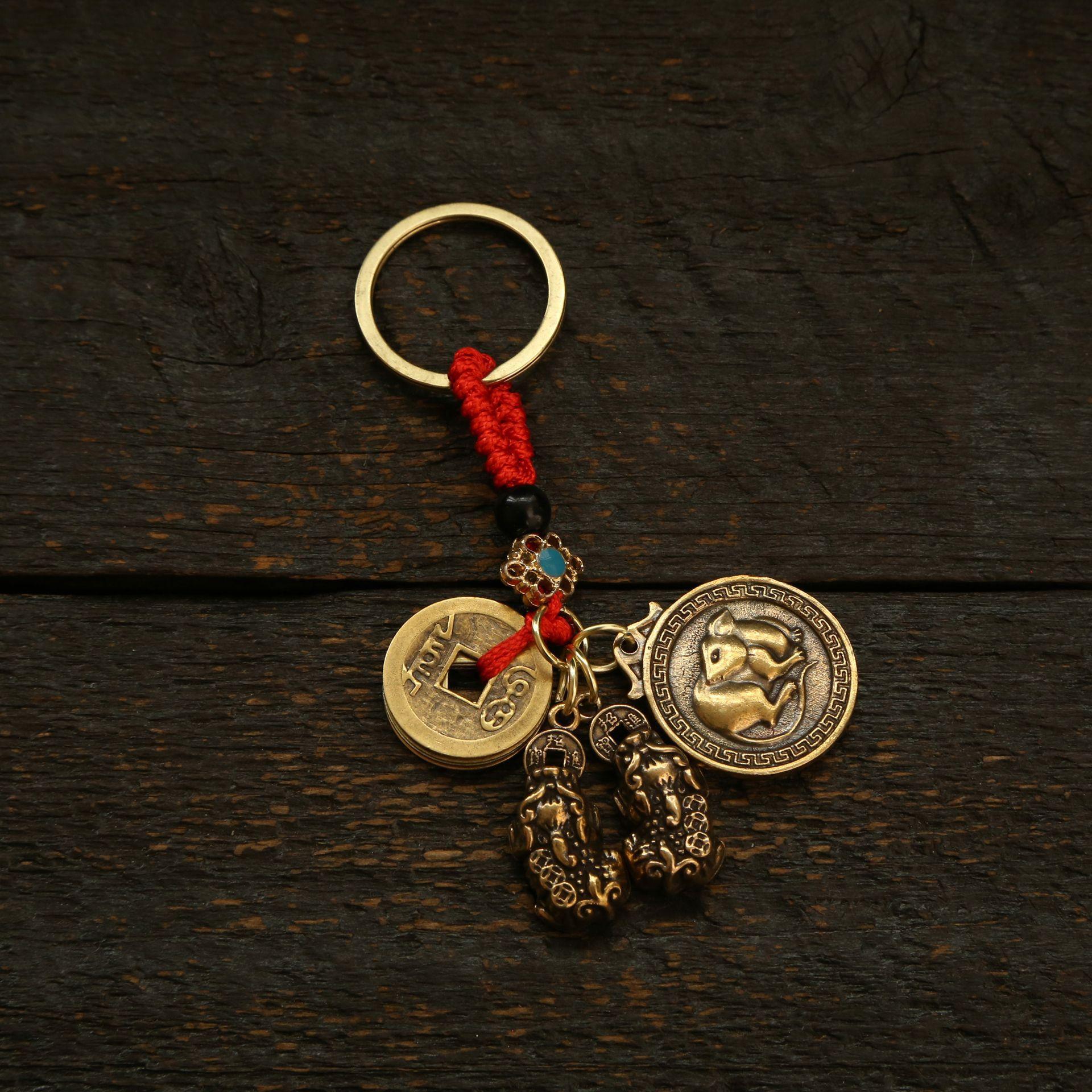 Zodiac Blessing Brand, Double Pixiu, Red Rope Keychain, Pendant, Car Keybag Pendant, Accessories, Brass Alloy
