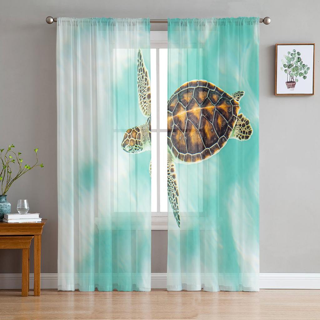 Sea Turtle Ocean Creature Landscape Sheer Voile Curtains For Living Room Bedroom Transparent Tulle Curtains Window Drapes