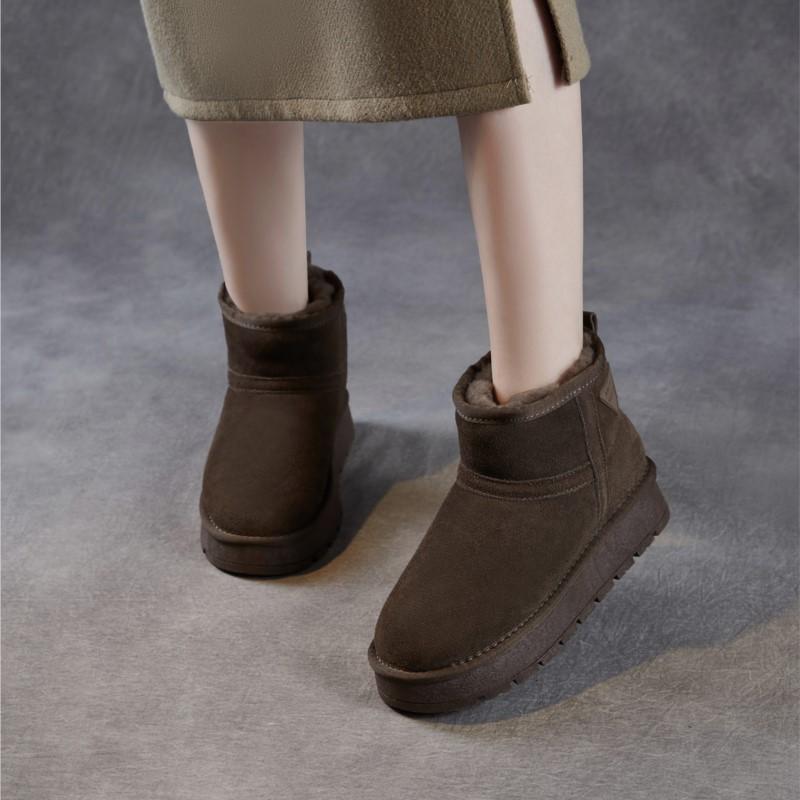 Johnature Genuine Leather Thick Soled Snow Boots Cow Suede And Plush Warm Women's Cotton Shoes