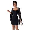 Autumn Bell Sleeve Slit Solid Color Lace Patchwork Square Neck Bodycon Dress Mature Style French Retro Patchwork Slim Sexy Elegant Women Maxi Dress