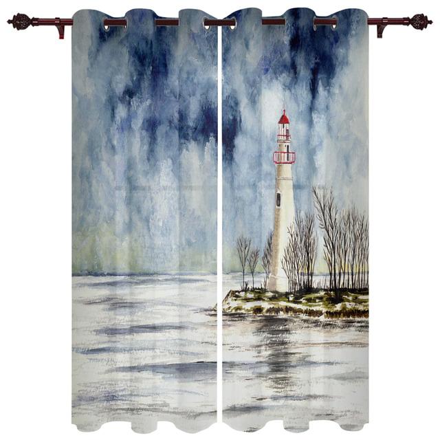 Lighthouse Island Perdele de fereastră vintage acuarelă pentru sufragerie Perdele pentru dormitor modern de lux Cafea Draperii pentru sufragerie
