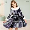 Girls High Neck Long Sleeve Black Silver Printed White Fur Trim A Line Flared Dress