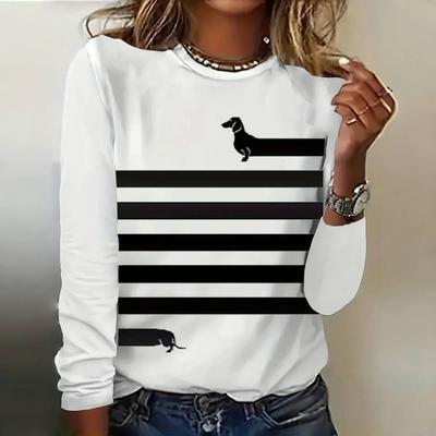 Schlichte gestreifte Damen-T-Shirts mit lustigem Dackel-Print, langärmeliges T-Shirt, Designer-Damenbekleidung, Pullover, Herbstoberteile