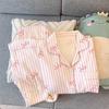 Women's Spring/Summer Pajamas: Long Sleeve & Pants, Loose Fit, Thin, Wrinkled Fabric, Bow & Stripes, Suitable for Outdoors