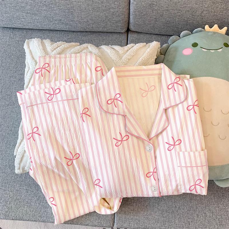 Women's Spring/Summer Pajamas: Long Sleeve & Pants, Loose Fit, Thin, Wrinkled Fabric, Bow & Stripes, Suitable for Outdoors