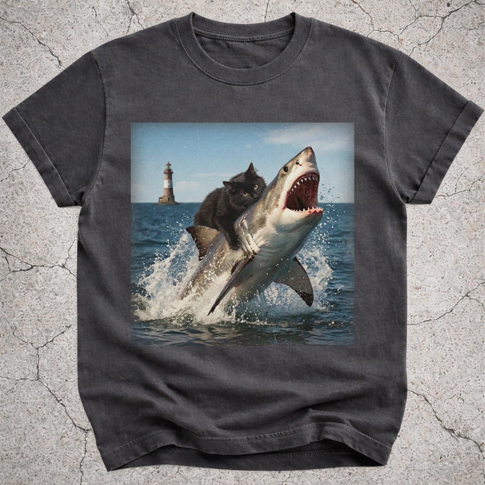 Funny Cat Bites Shark Shirt, Black Cat Shark Meme Tee, Cat Lover Gift, Ocean Animal Vintage Graphic T-Shirt, Silly Cat Novelty Tee XL