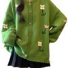 Woman Floral Jacquard Green Sweaters Forest Style Fashion Knitted Cardigan Autumn Versatile Lady Single Breasted Coat