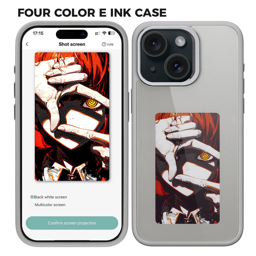 4 spalvų E rašalo telefono dėklas iPhone 15 dėklui Išmanus NFC DIY Ekrano vaizdavimas, Juodas/Baltas/Raudonas/Geltonas