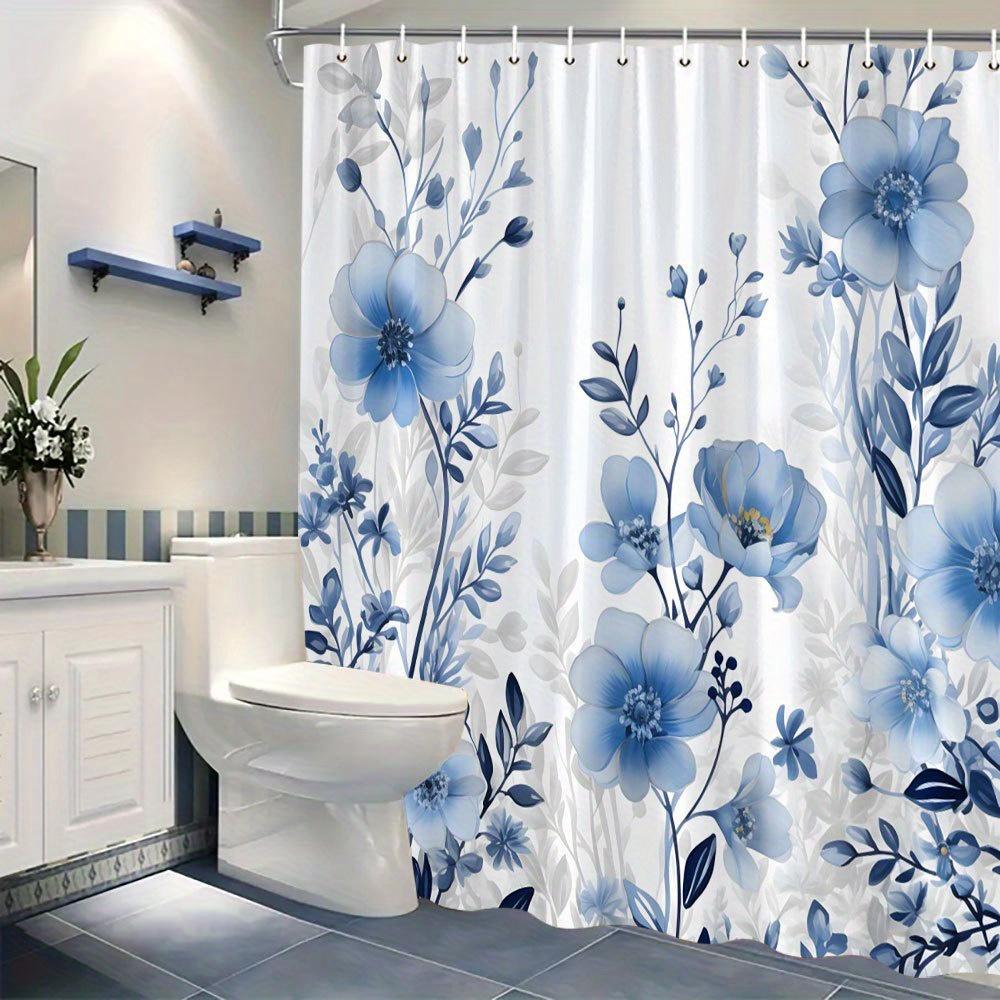 1pc Botanical Floral Shower Curtain - Blue & White Ethereal Pattern, Polyester, Machine Washable, Fashionable Bathroom Decor