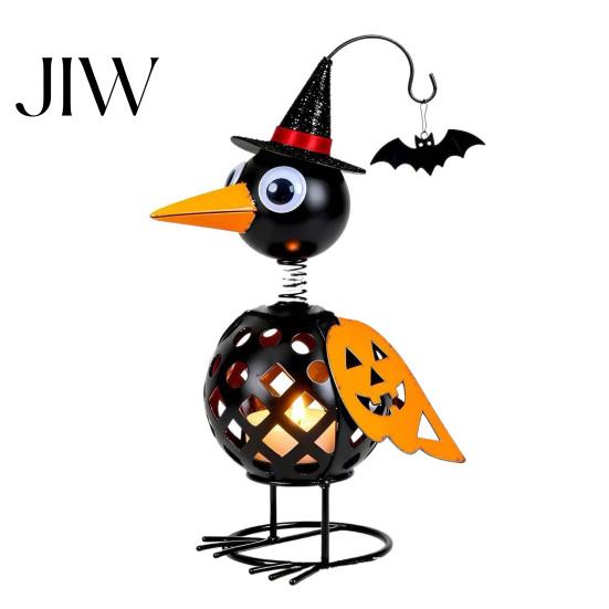 Gothic Table Centerpiece Wrought Iron Crow And Pumpkin Halloween Ornament, Metal Bird Candle Spooky Home Decoration Holder Statue with LED for A