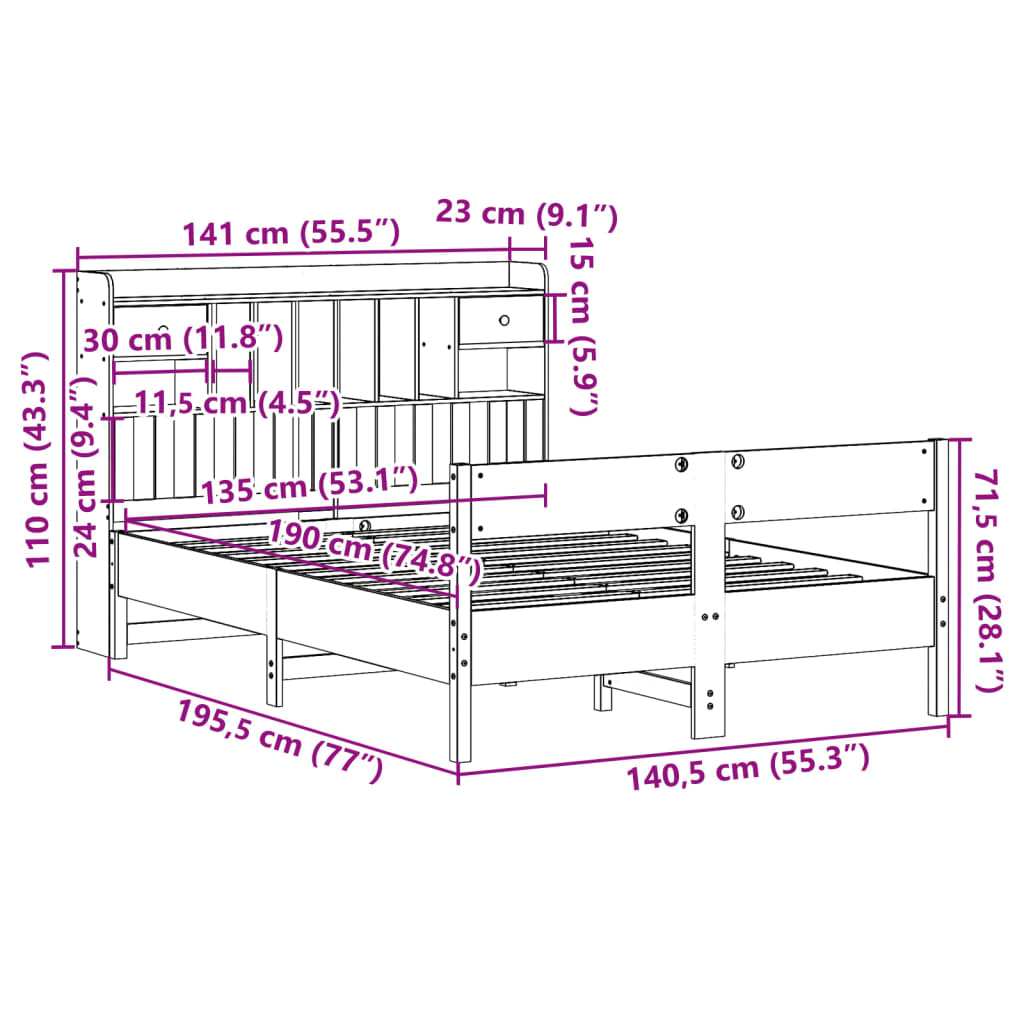Solid Wood Bed with Shelf Without Mattress 135 x 190 cm Pine