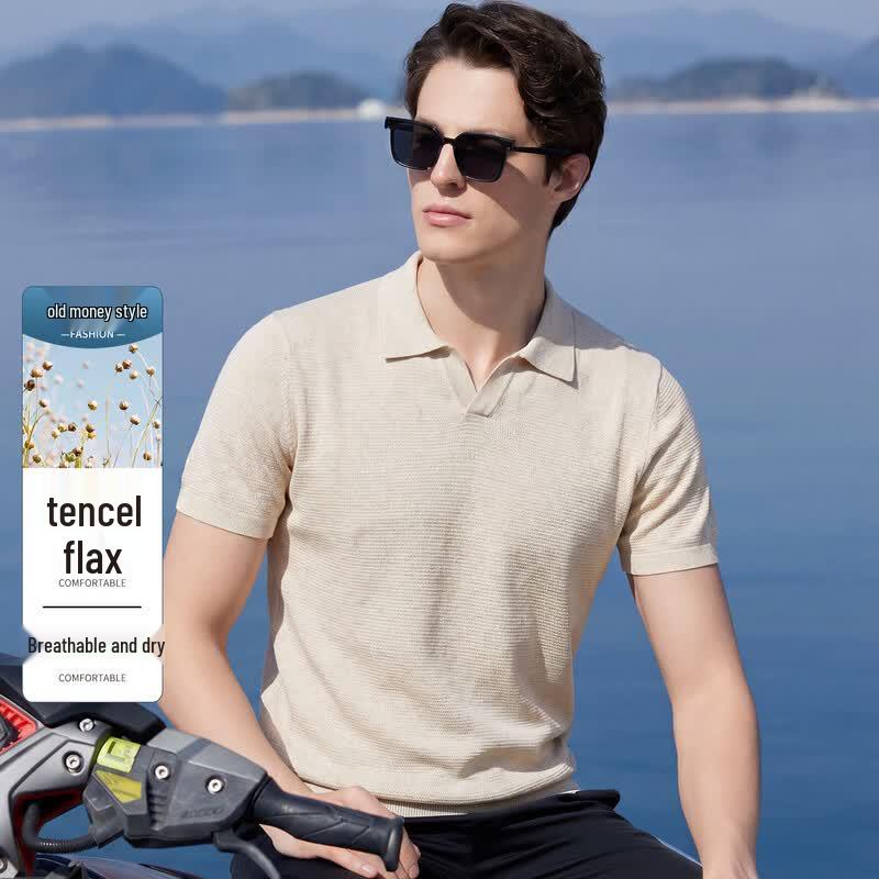 Men s Tencel-Linen Blend Seagull Collar Knit Polo Shirt L