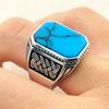 Vintage Turkish Handmade Ottoman Signet Ring For Men Women Ancient Silver Color Synthetic Turquoise Ring Retro Arabic Jewelry