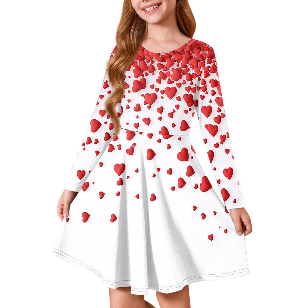 Letnia sukienka księżniczki dla dziewczynek - Sukienka T-shirtowa A-line z długim rękawem Walentynki