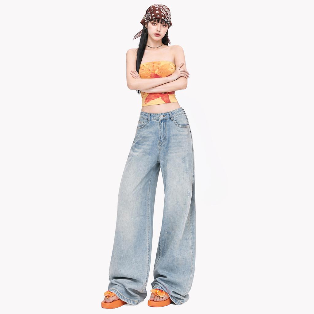 Light Blue Washed Wide-leg Jeans Women's Summer New Thin Drape Worn Design Mopping Pants Trendy