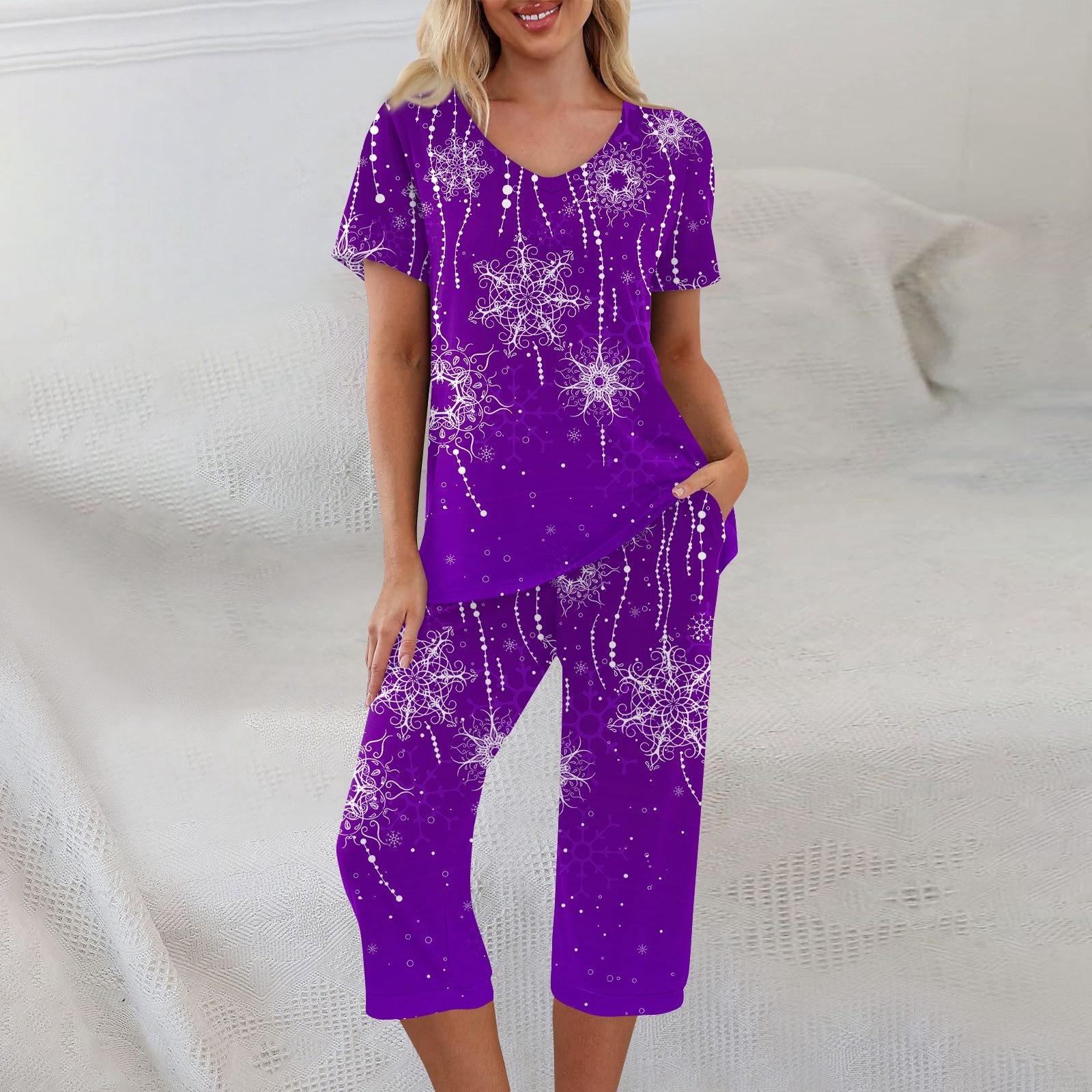 

Комплекты из 2 предметов для женщин, летний топ с короткими рукавами и брюки с карманами, мягкие комплекты для тренировок M фиолетовый