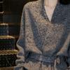 Lazy gray V-neck sweater women's 1011 spring new high-end foreign-style age-reducing lace-up waist knitted top