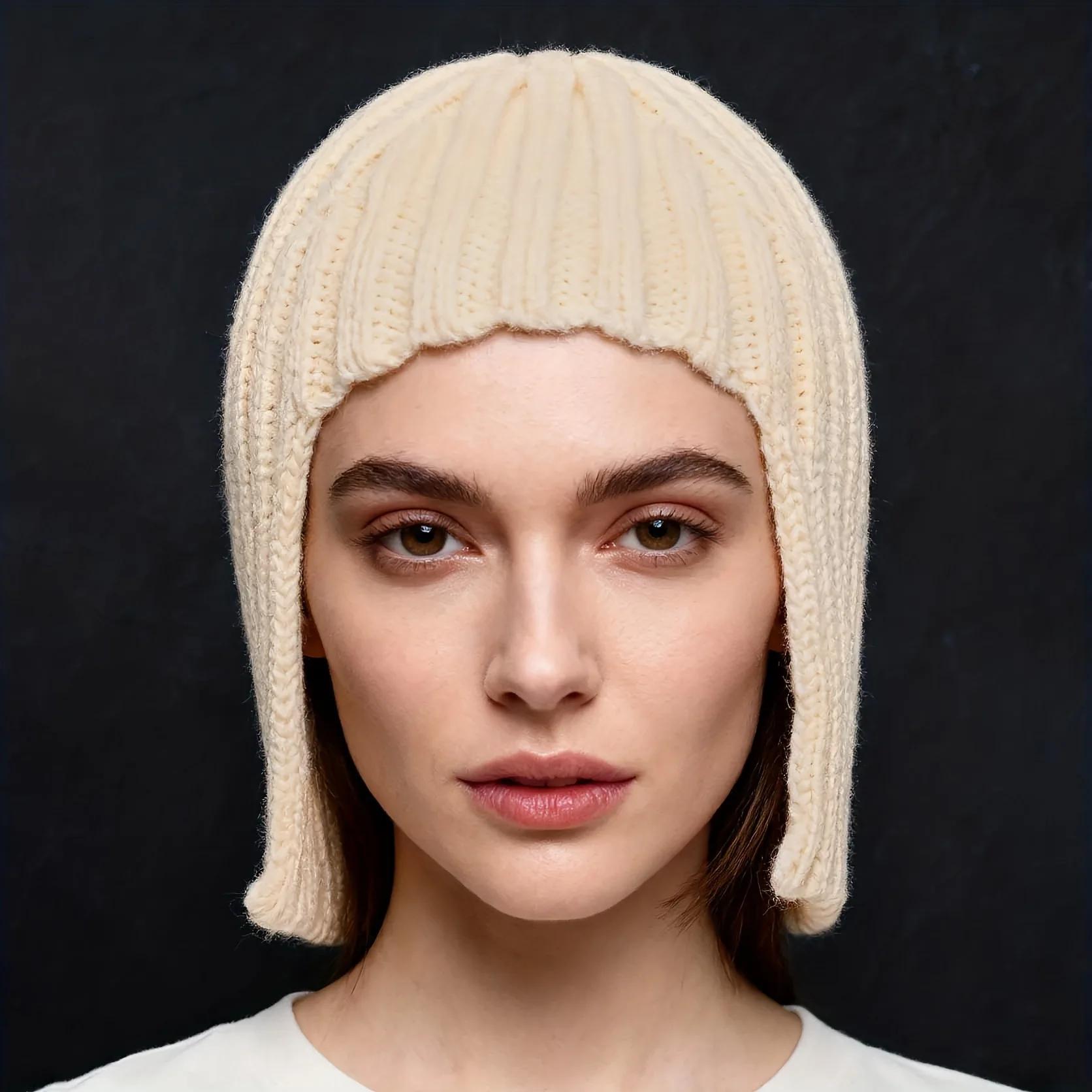 

Wig Knitted Hat for Women Winter Hot Girl Wig Warm Ear Protection Headwrap Hat Fashionable Shopping Style for Outdoor Activities бежевый