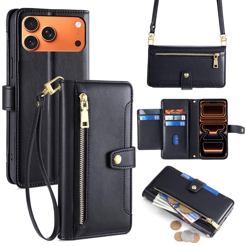 For iPhone 17 Pro Max Leather Case Zipper Pocket Wallet Phone Cover with 2 Straps