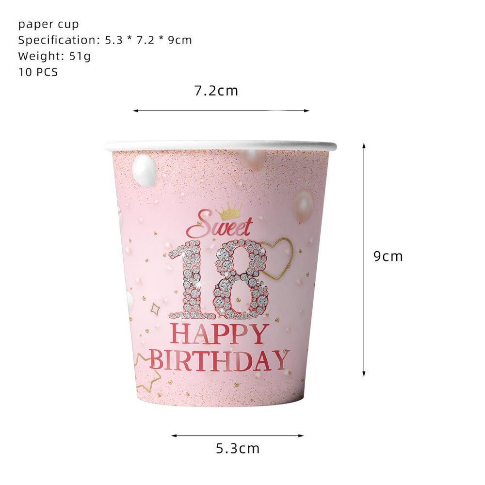 18th Birthday Pink Party Set: Plates, Cups, Napkins, Cutlery, Flags.